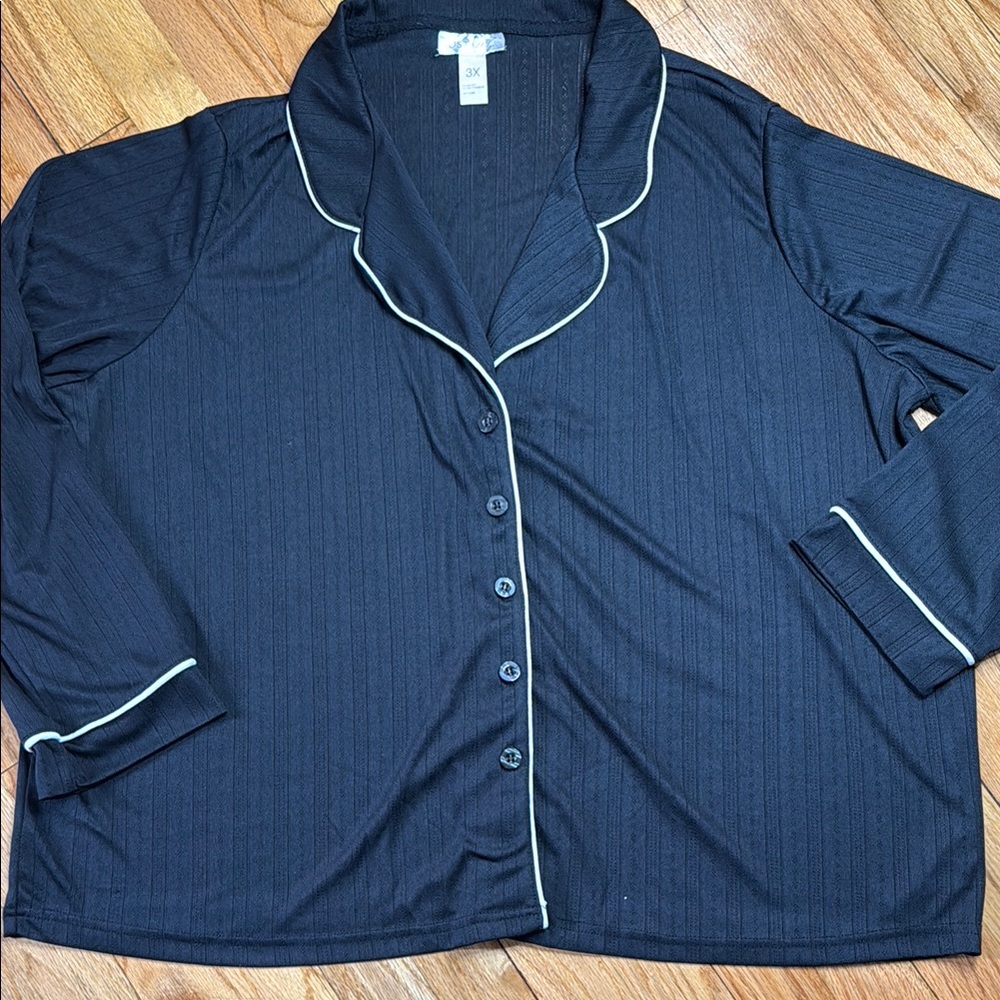Women's Pajama Shirt Just Be Black Button Up Pajama Top with White Trim 3X
